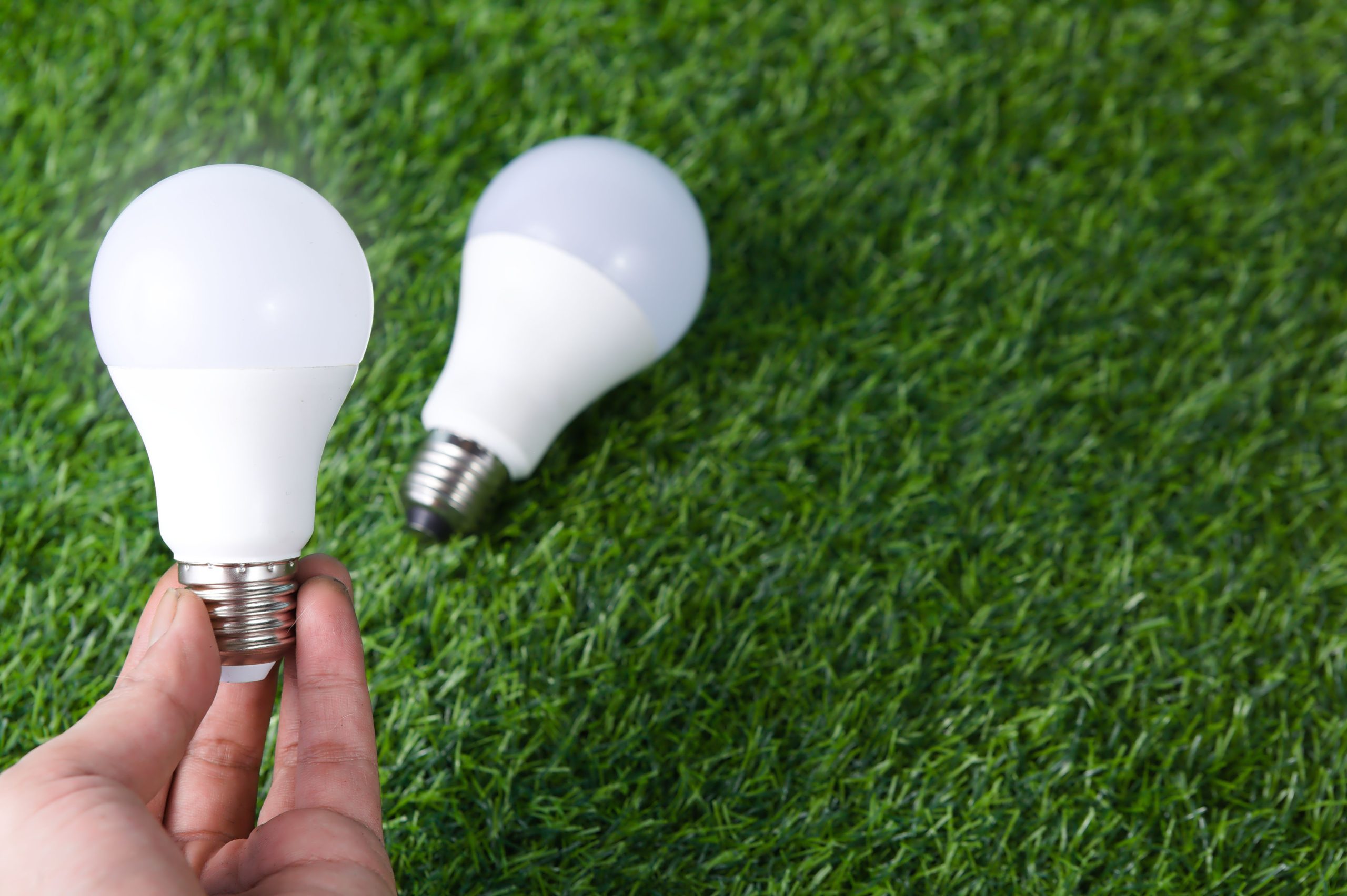 Main tenant une ampoule LED sur l'herbe