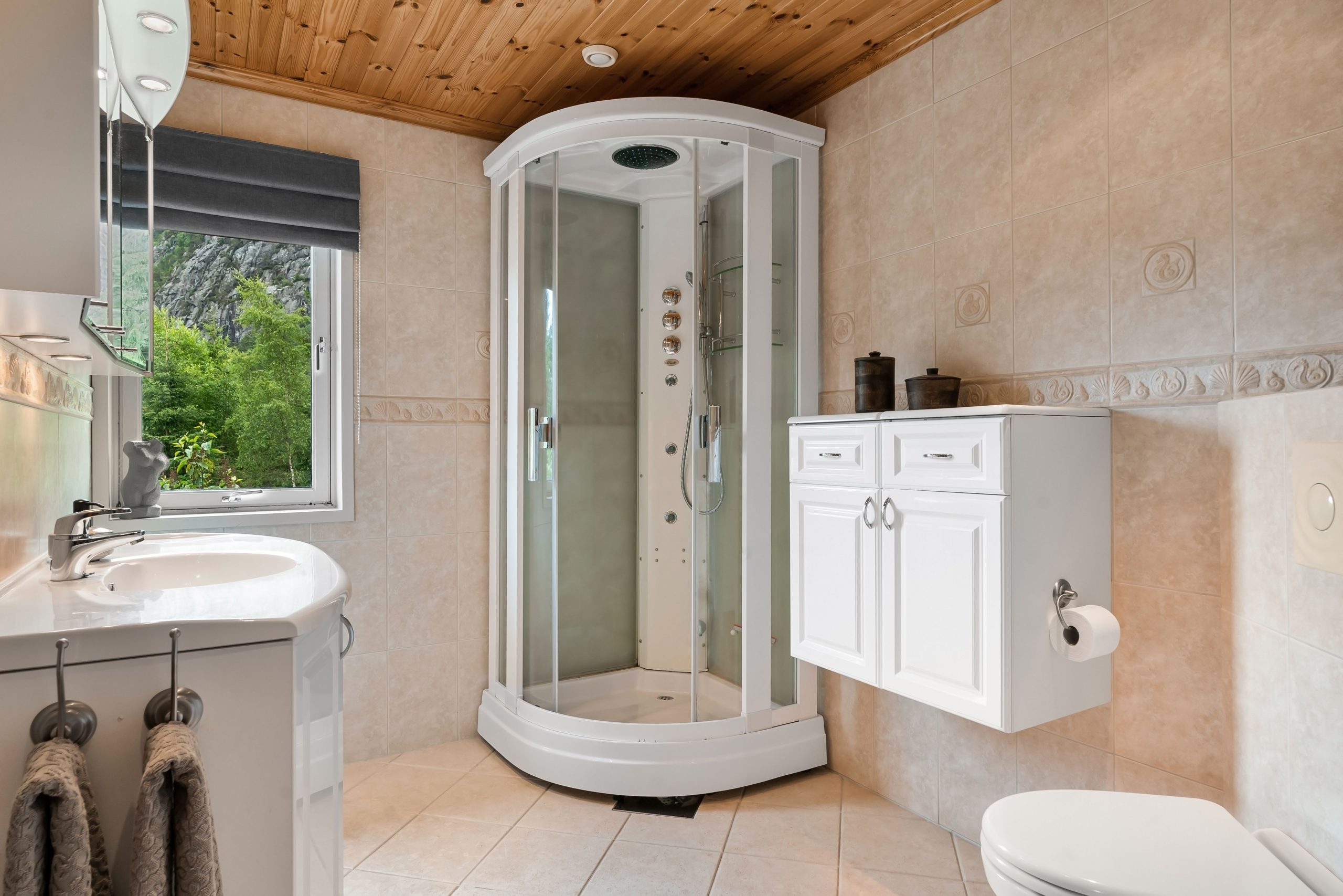 Salle bain lumineuse douche bois vue nature